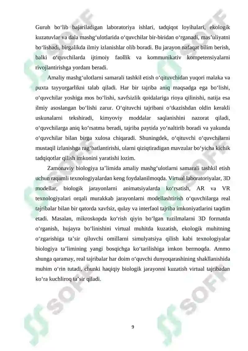 Biologiya fanini o‘qitish jarayonida tajriba va amaliy mashg‘ulotlarning roli 8