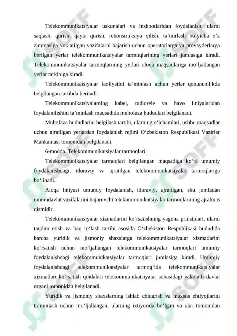 O‘ZRDA AXBOROTLASHTIRISH SOHASIDAGI ASOSIY QONUNLAR. TELEKOMMUNIKATSIYALAR TO‘G‘RISIDA QONUN. OPTIK ALOQA TIZIMLARINING TELEKOMMUNIKATSIYA TARMOQLARIDAGI O‘RNI VA AFZALLIKLARI. 8