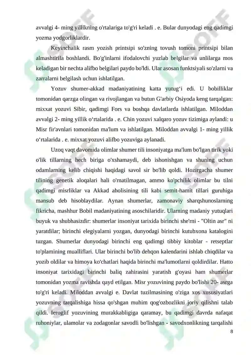 YOZUV TARIXI HAQIDA MA’LUMOT KURS ISHI 8