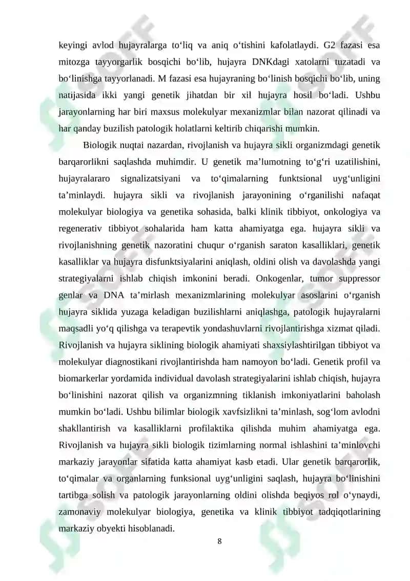 Rivojlanishning genetik nazorati. Hujayra sikli va ósma ( rak) ning molekulyar genetikasi. 8