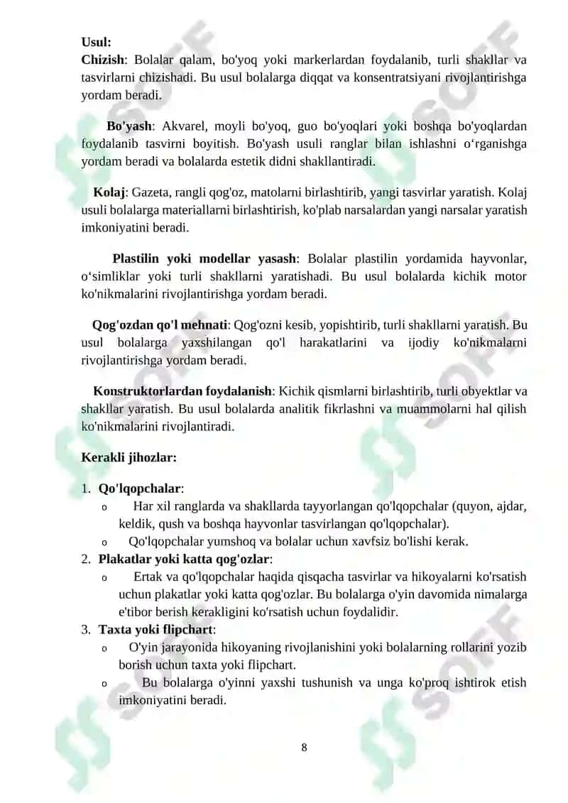 Teatrlashgan o’yin, ertak; (o’rta guruh) ‘’Qo’lqopchalar’’. Sujetli-rolli va  sahnalashtiruvchi markazi 8
