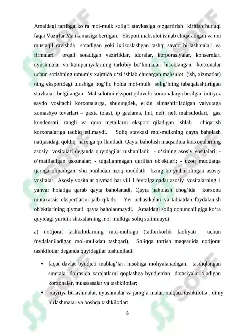 Mol mulk va mulkiy daromadlarga soliq solish.Tadbirkorlik subyektlarini soliqqa tortish mexanizmi. 8