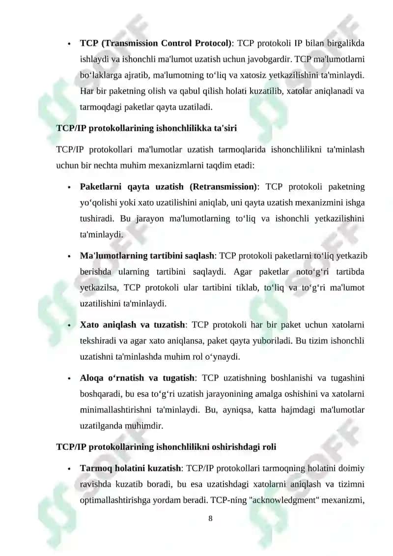 Ma'lumotlar uzatish tarmoqlarining ishonchlilik ko`rsatkichlariga talablar va ularni oshirish usullari. Ma’lumotlar uzatish tarmoqlarida monitoring usullari va protokollari 8