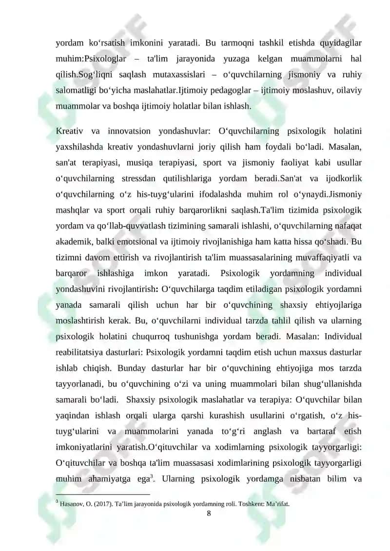 Ta’lim psixologiyasi; qo’llab-quvvatlash maydoni; kuzatuv maydoni. 8