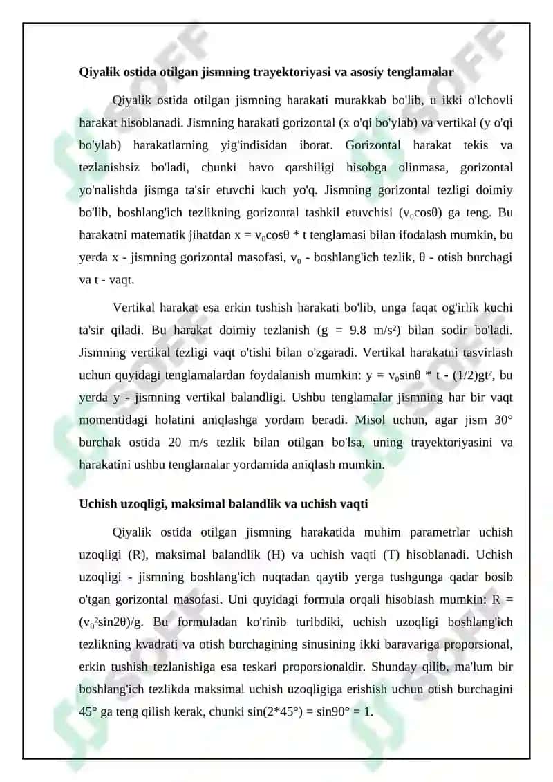 Gorizontal va burchak ostida otilgan jismning harakati 8