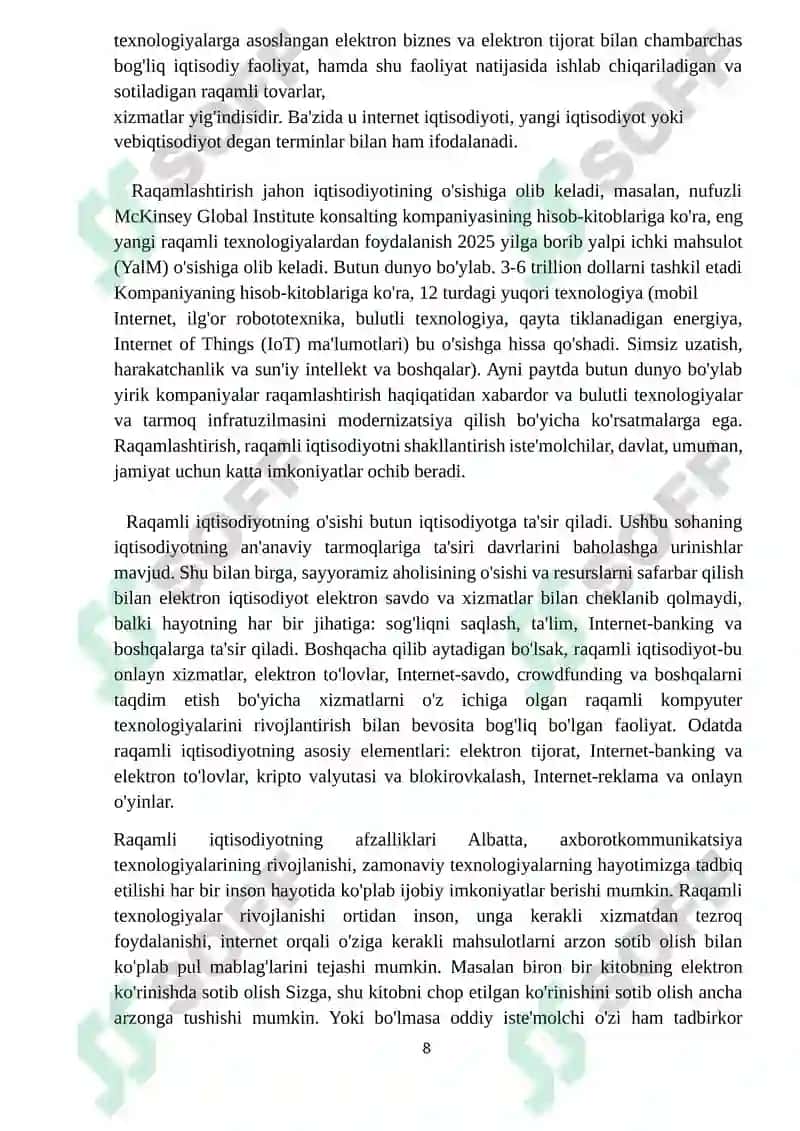 Raqamli iqtisodiyot. Raqamli iqtisodiyotning afzalliklari. O’zbekistonda raqamli iqtisodiyot. 8