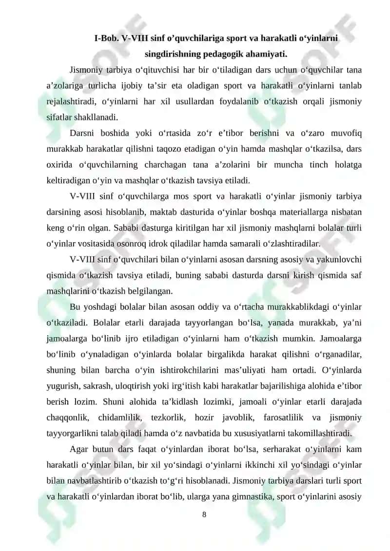 "5-8 sinf o’quvchilari jismoniy sifatlarini tarbiyalashda sport va harakatli o’yinlarning ahamiyati" 8