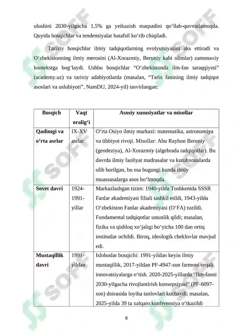 MAVZU: “O’zbekiston Respublikasida ilmiy-tadqiqot ishlarini tashkil etish .” 8