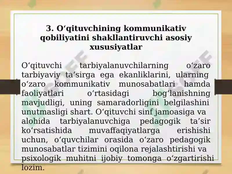 Pedagogik ta’sir koʻrsatish – kommunikativ qobiliyatning asosiy usuli sifatida. Pedagogik muloqot – oʻqituvchining ijodiy faoliyati sifatida. 8