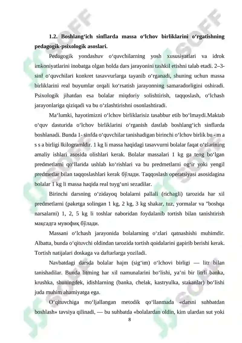 Ikkinchi sinflarda massa o‘lchov birliklarini o‘rgatish metodikasi 8