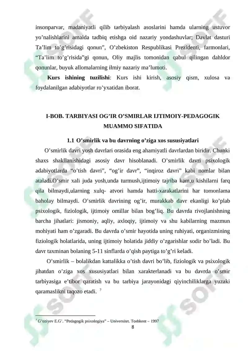 TARBIYASI OG’IR O’SMIRLAR - IJTIMOIY-PEDAGOGIK FAOLIYAT OBYEKTI SIFATIDA 8