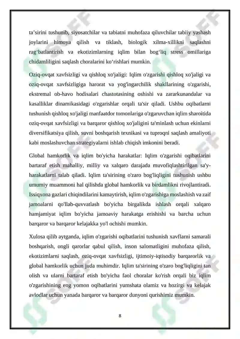 IQLIM O‘ZGARISHI OQIBATLARI VA ULARGA MOSLASHUV YO‘LLARI 8