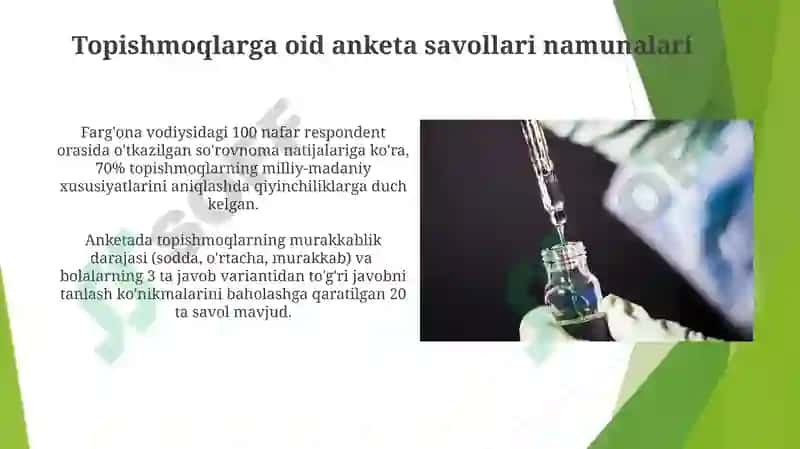 Topishmoqlarming etnopedagogik xususiyatlari bo'yicha test va blis so'rovnoma topshiriqlar 8