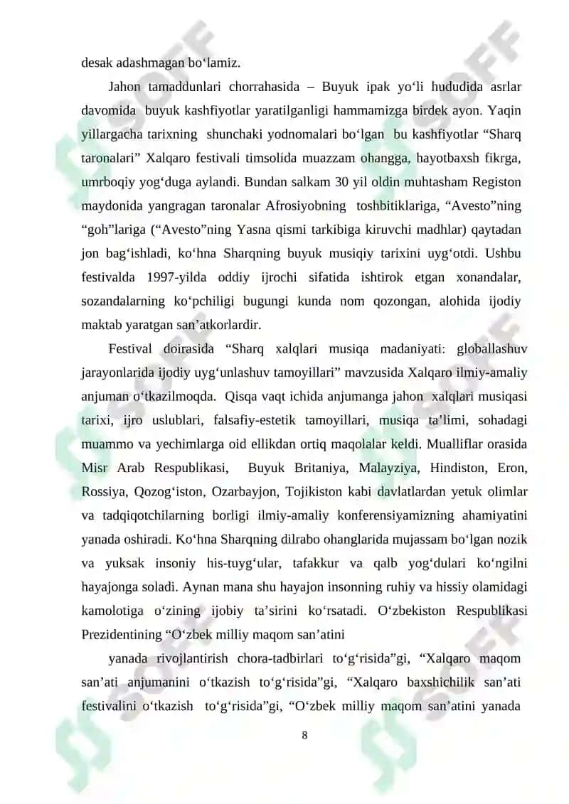 SHARQ XALQLARI MUSIQIY FOLKLORI BILAN QIYOSIY O'RGANISH 8