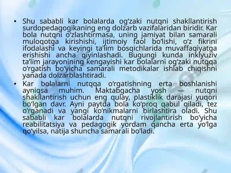 Maktabgacha Yoshdagi Kar Bolalarni Og'zaki Nutqqa O'rgatish 8