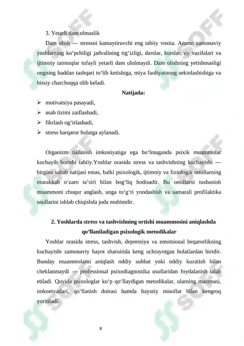 Yoshlarda stress va tashvishning ortishi kelib chiqish sabablari, qo‘llaniladigan metodikalar va oldini olish usullari 8