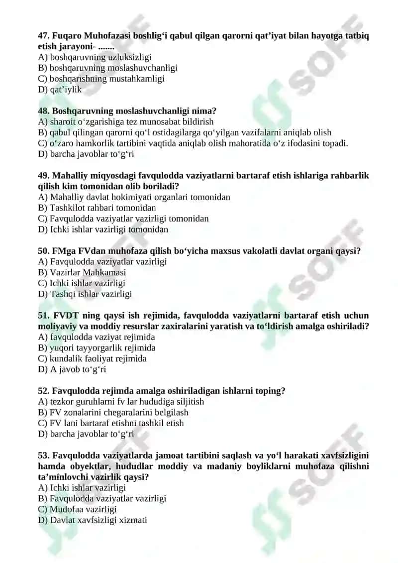 "Fuqaro muhofazasi" fanidan yakuniy test savollari 8