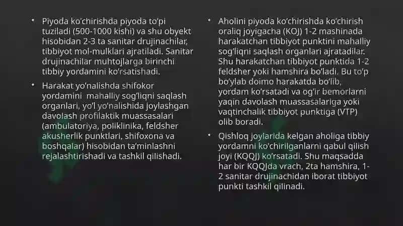 AHOLINI DUSHMAN TAJOVUZI XAVFI PAYTIDA VA SHIKASTLANGAN AHOLINI DAVOLASH – KO’CHIRISH TIBBIY TA’MINLASH 8