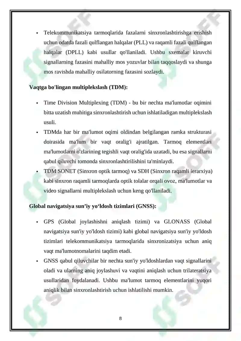 Sinxron raqamli telekommunikatsiya tarmoqlarida qoʻllaniladigan tizimlar tahlili 8
