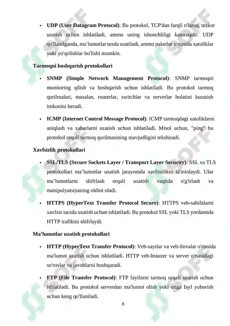 Ma’lumotlar uzatish tarmoqlarining ishonchlilik ko`rsatkichlariga talablar va ularni oshirish usullari. Ma’lumotlar uzatish tarmoqlarida monitoring usullari va protokollari 8