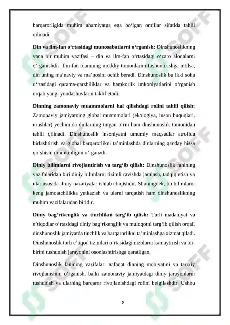 Dinshunoslik fanining predmeti va vazifalari 8