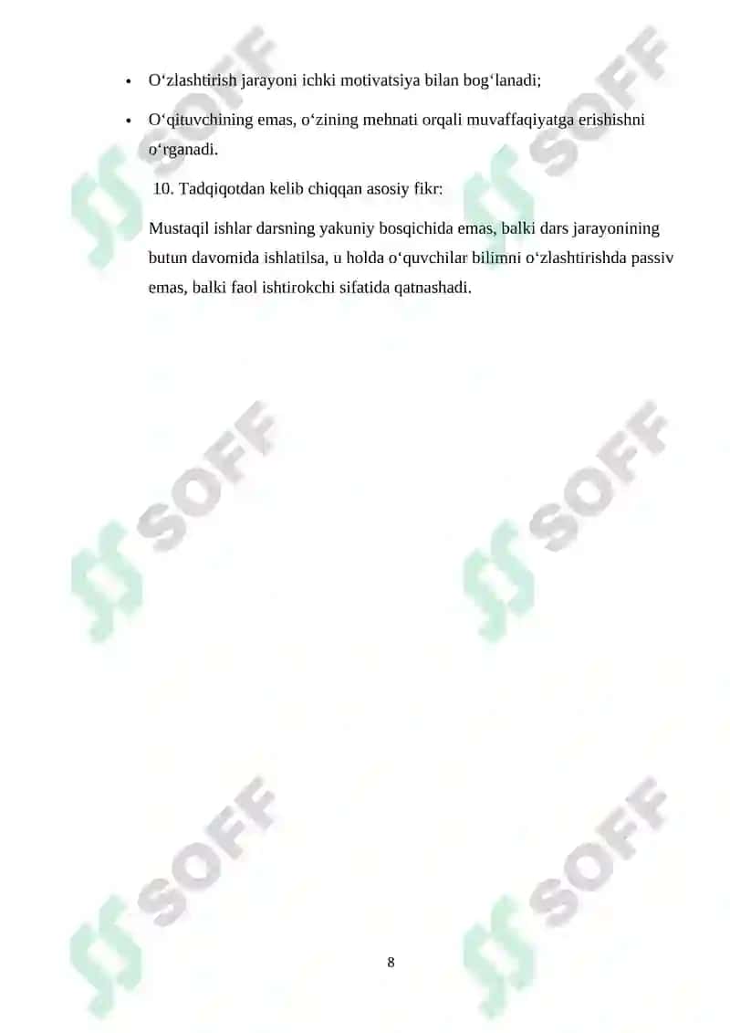 SAVOD O‘RGATISH DARSLARIDA O‘QUVCHILARNING MUSTAQIL ISHLARINI TASHKIL ETISH 8