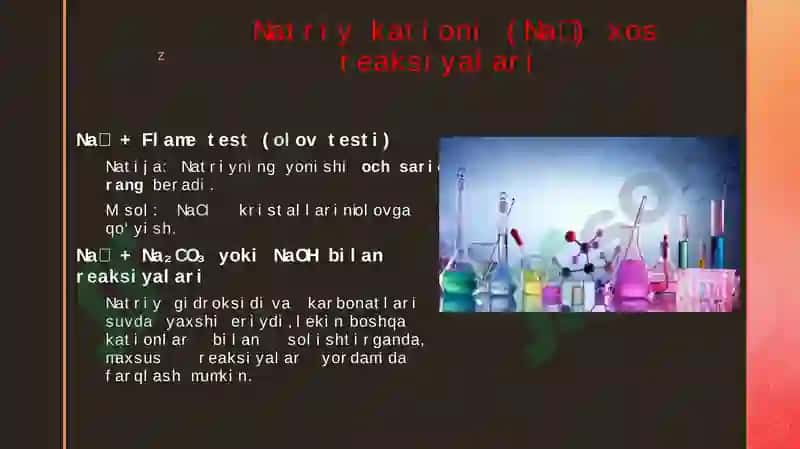 BIRINCHI GURUH KATIONLAR (K+NA+). KALIY VA NATRIY KATIONLARIGA XOS REAKSIYALAR 8