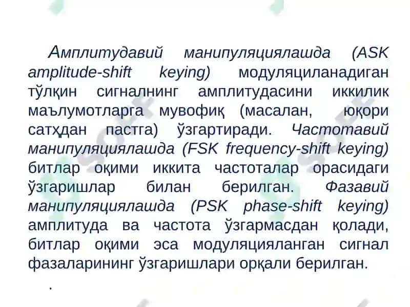 Симсиз алоқа сигнални модуляциялаш турлари 8