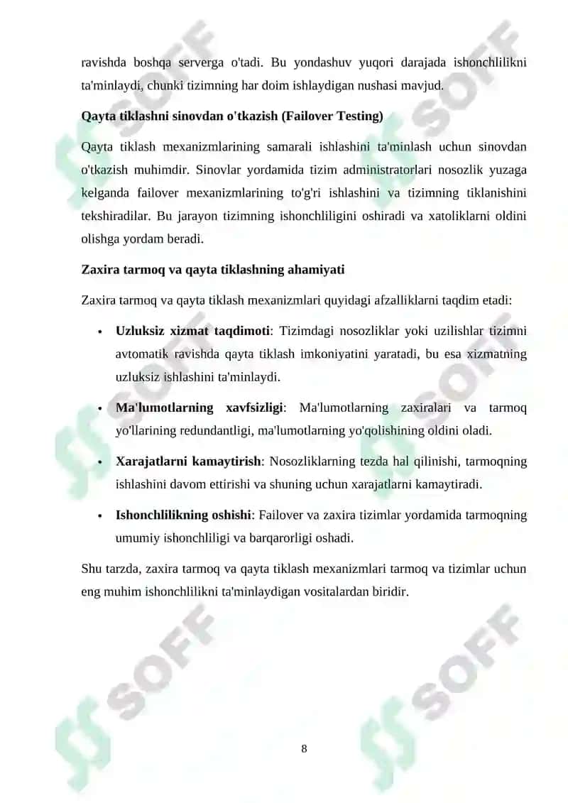 Ma'lumotlar uzatish tarmoqlarining ishonchlilik ko`rsatkichlariga talablar va ularni oshirish usullari. 8