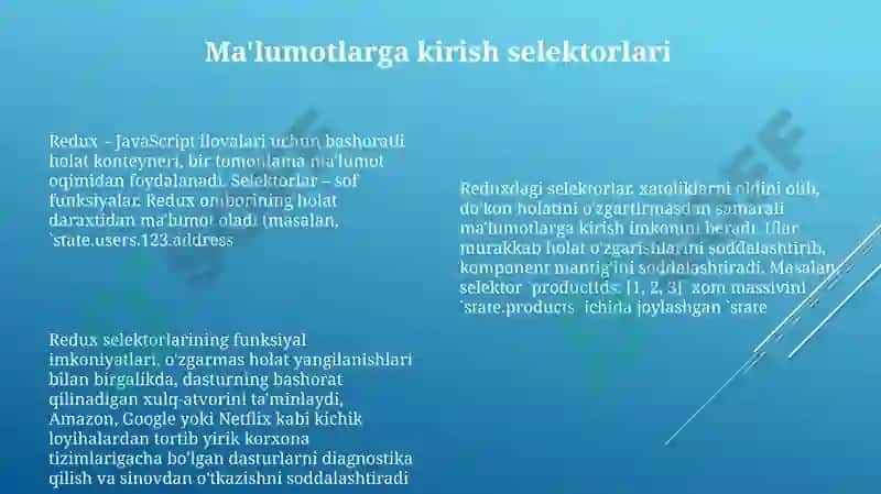 Redux: state management - funksional imkoniyatlarini yoriting 8