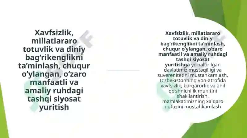 Yangi O‘zbekistonda Prezident Sh.M.Mirziyoyev rahbarligi vatashabbusi ostida amalga oshirilayotgan islohotlar 8