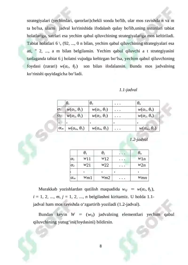 Tavakkalchilik va aniqmaslik sharoitida yechim qabul qilish. Kooperativ o‘yinlar KURS ISHI 8