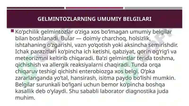 Gelmintlar odam parazitlari. Parazitlar kasalliklarning diagnostika usullari 8