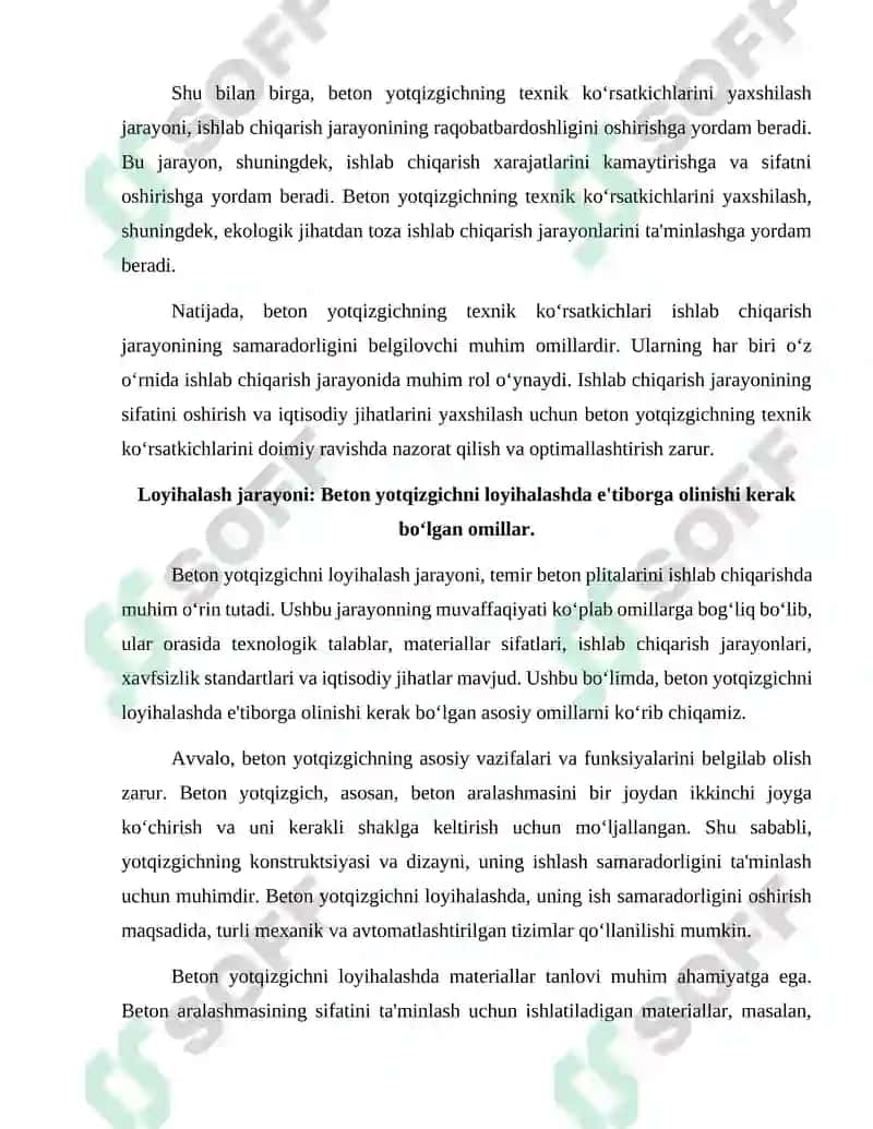 Temir beton plitasini ishlab chiqaruvchi beton yotqizgich loyihasi 8