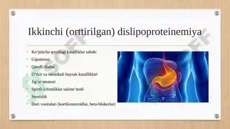 DISLIPOPROTENEMIYA TURLARI. OSHQOZON SUYUQLIGI TASHXISINING KLINIK AHAMIYATI. GIPERASID HOLATLAR VA OSHQOZON-ICHAK YARA KASALLIKLARIDA ANTASID PEREPARATLARNI QO'LLASHNING BIOKIMYOVIY ASOSLARI. 8
