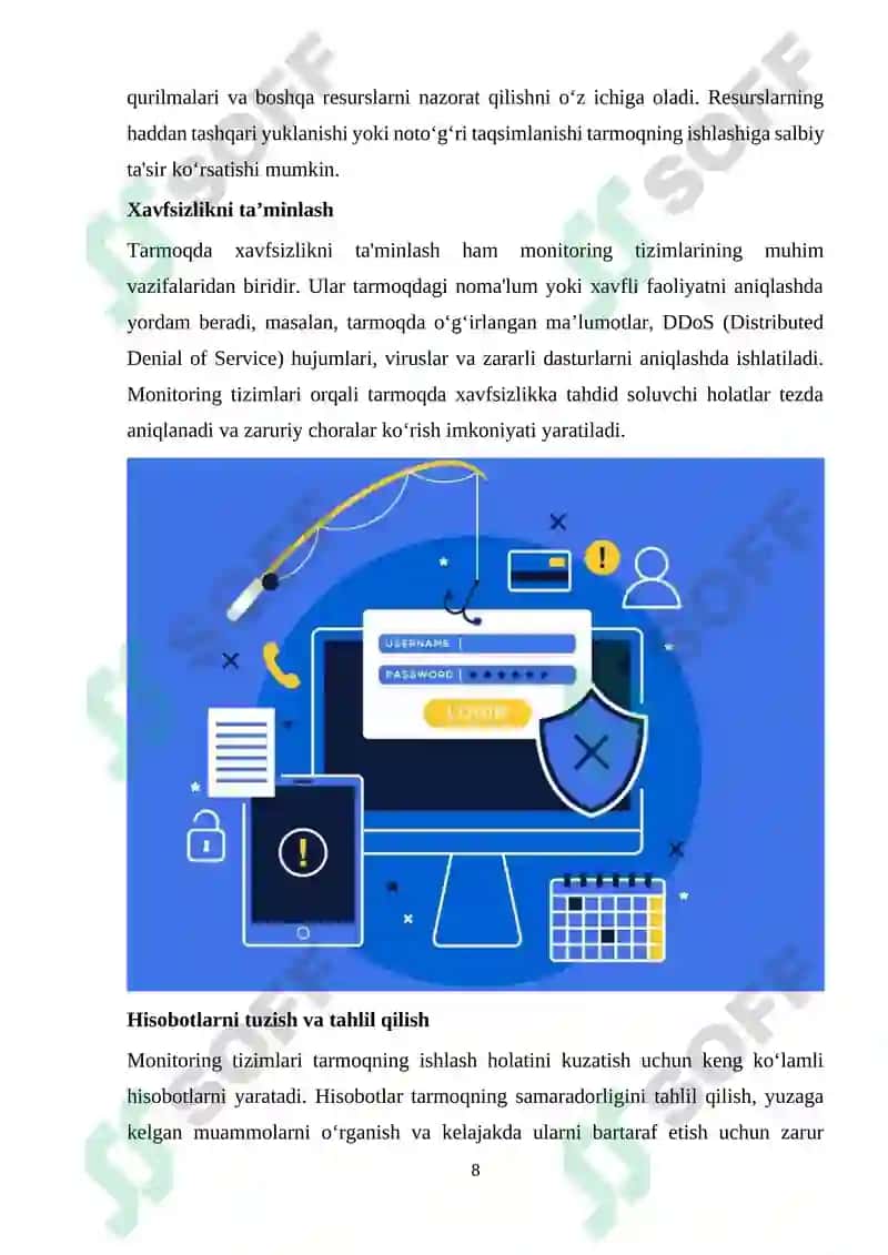 Ma’lumotlar uzatish tarmoqlarining ishonchlilik ko`rsatkichlariga talablar va ularni oshirish usullari. Ma’lumotlar uzatish tarmoqlarida monitoring usullari va protokollari 8
