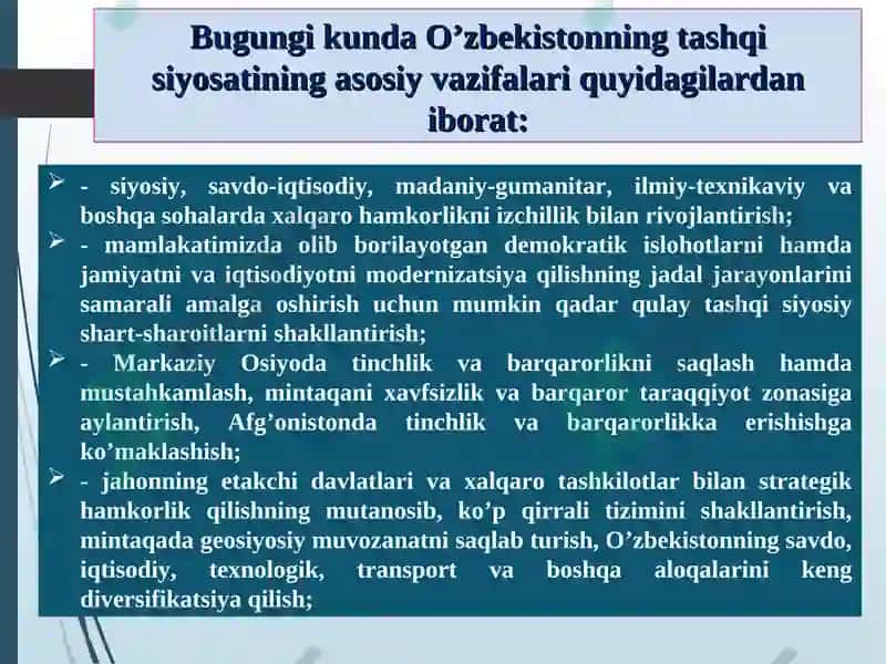 O`zbekiston va jahon  hamjamiyati. O`zbekiston Respublikasining ko’p tomonlama hamkorlik aloqalarining rivojlanishi 8