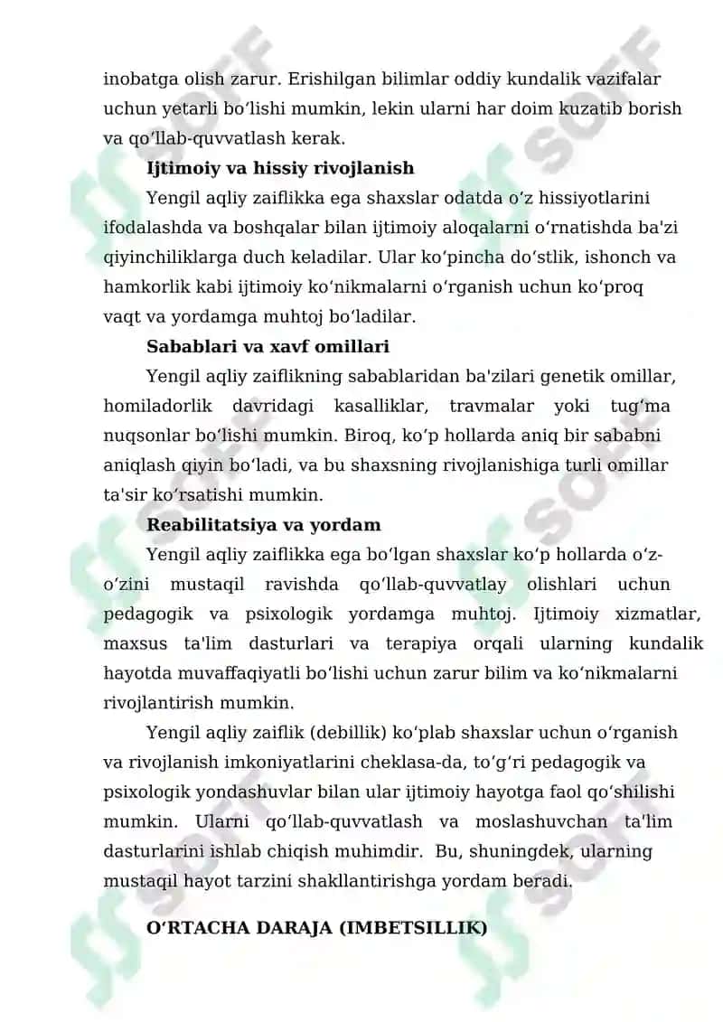 Aqliy  nogironlikning  turli  shakllari  etiologiyasi  va  patogenezi:  aqli zaiflikning  xronologik  yoshi,  zaiflik  darajasi,  aqliy,  nutq  va  ijtimoiy  faoliyat darajasi bo‘yicha rivojlanish xususiyatlari 8