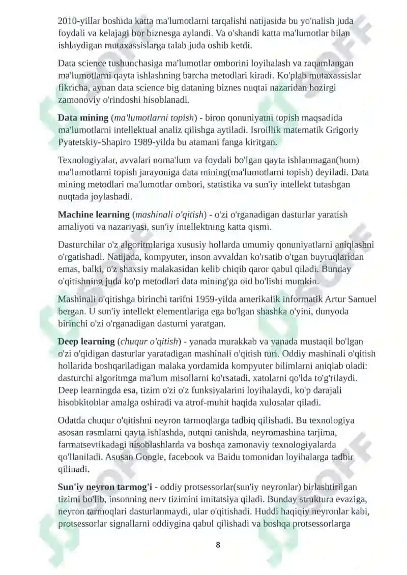 Katta ma’lumotlar (Big Data) va ularni qayta ishlash usullari. 8