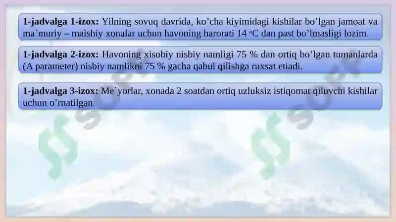 Ichki va tashqiq havo ning hisobiy parametrlari 8