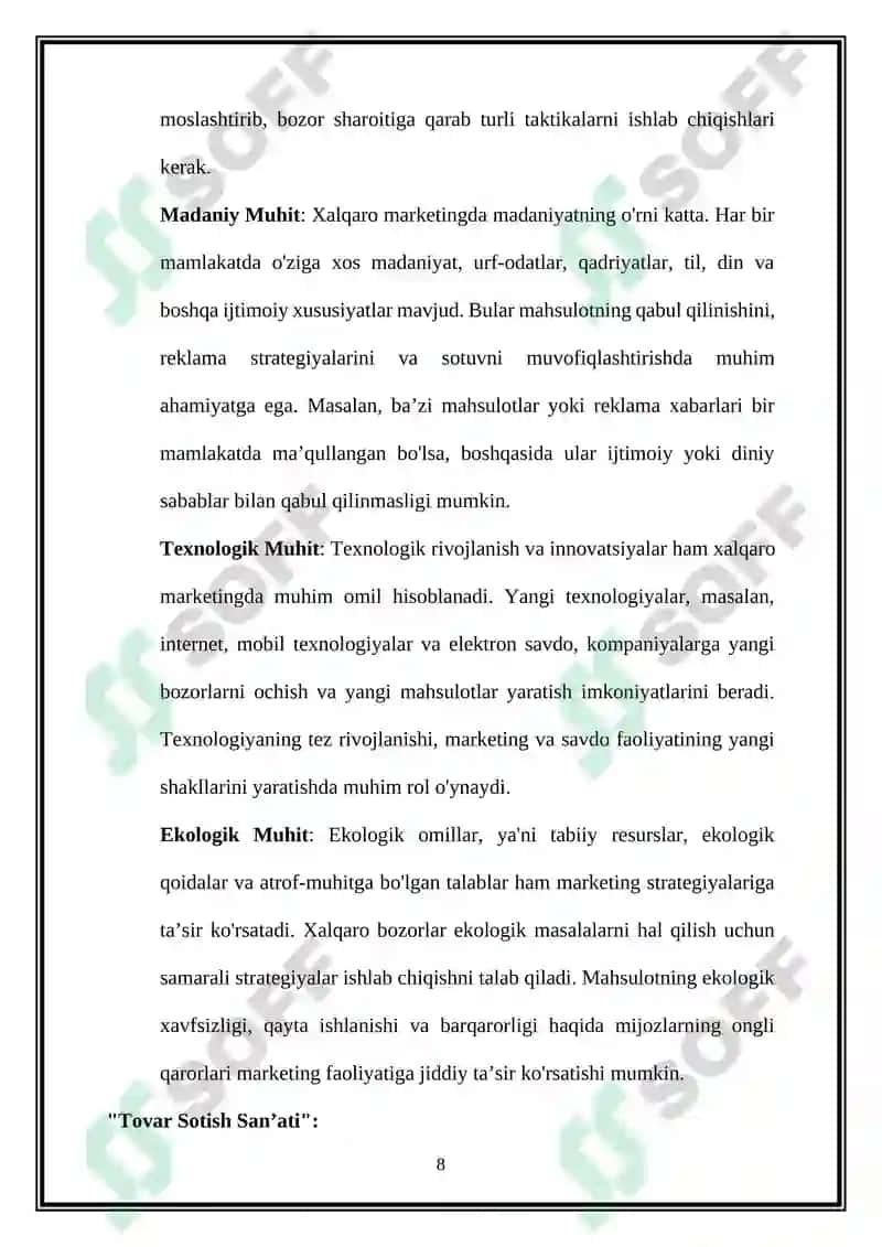 XALQARO MARKETING STRATEGIYASINI ISHLAB CHIQISH VA AMALGA OSHIRISH O’RGANISH 8