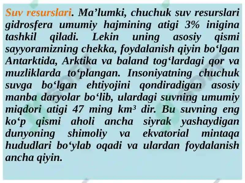 Tugamaydigan vatiklanadigan tabiiy resurslar geografiyasi 8