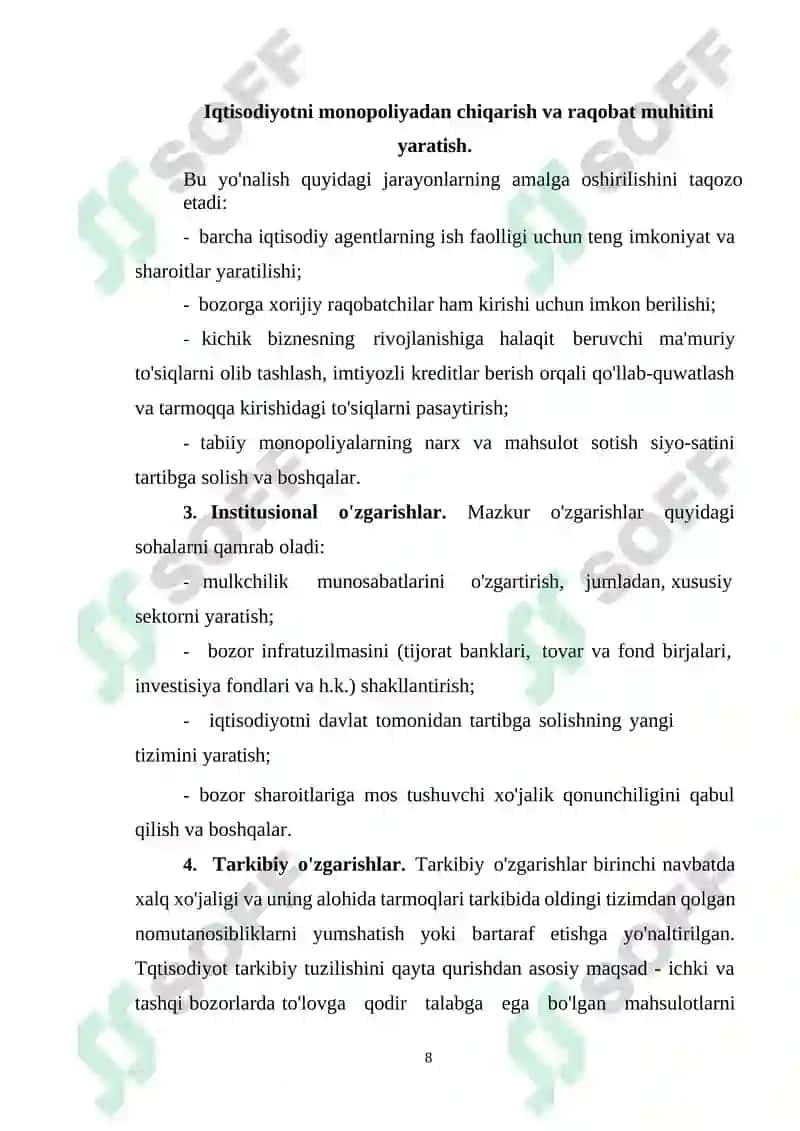 Bozor iqtisodiyotiga o'tish va uning o’ziga xos xususiyatlari 8