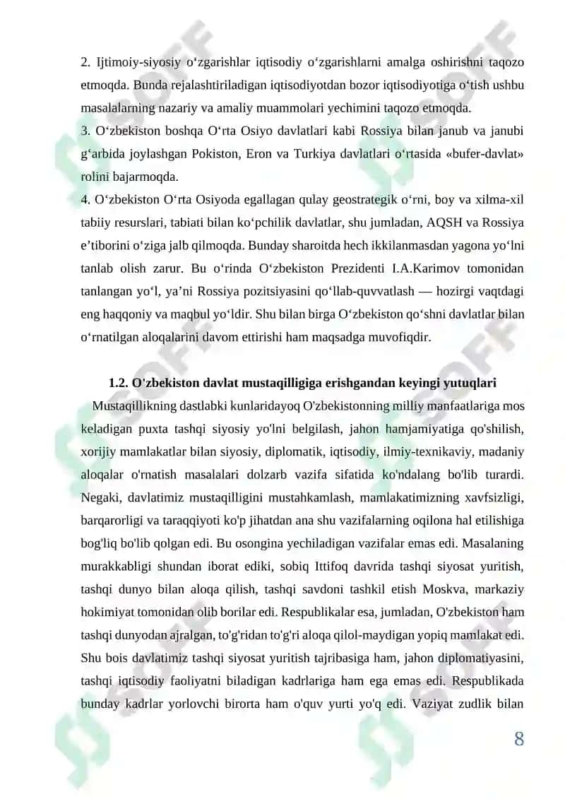 O’zbekistonning dunyo siyosiy xaritasida tutgan o’rni va roli kurs ishi 8