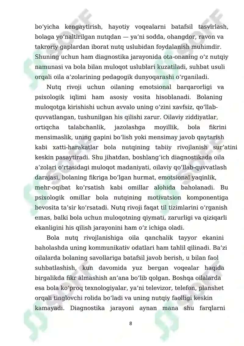 Logopedning oilaga maxsus nutq tarkibini tashkil qilish tartibi, bolada nutq rivojlanishining algoritmi 8