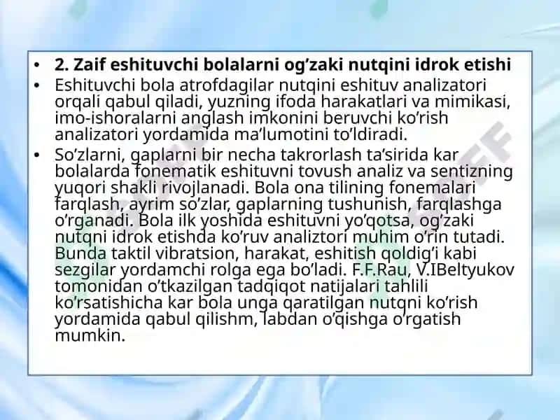 Zaifeshituvchi bolalarning og’zaki nutq ko’nikmalari va bilimlarini o’ziga xostomonlari 8