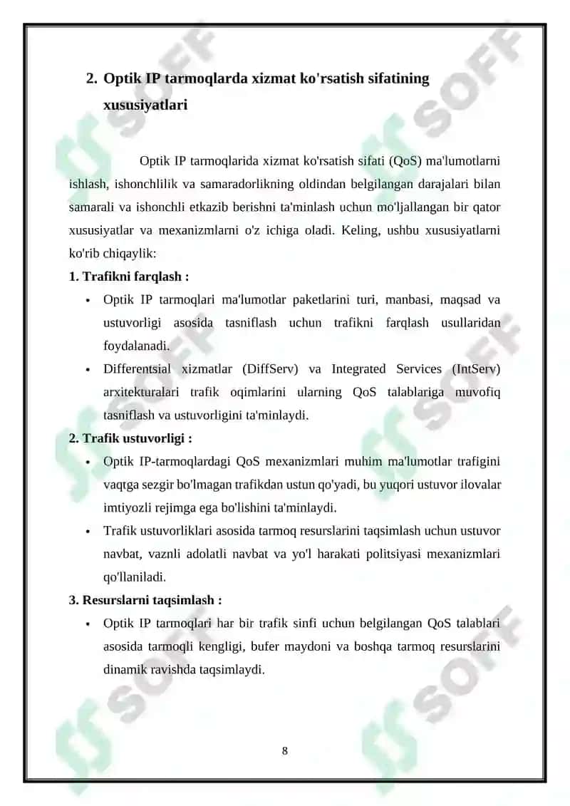OPTIK IP -TARMOQLARDA XIZMAT KO‘RSATISH SIFATINING HUSUSIYATLARI 8