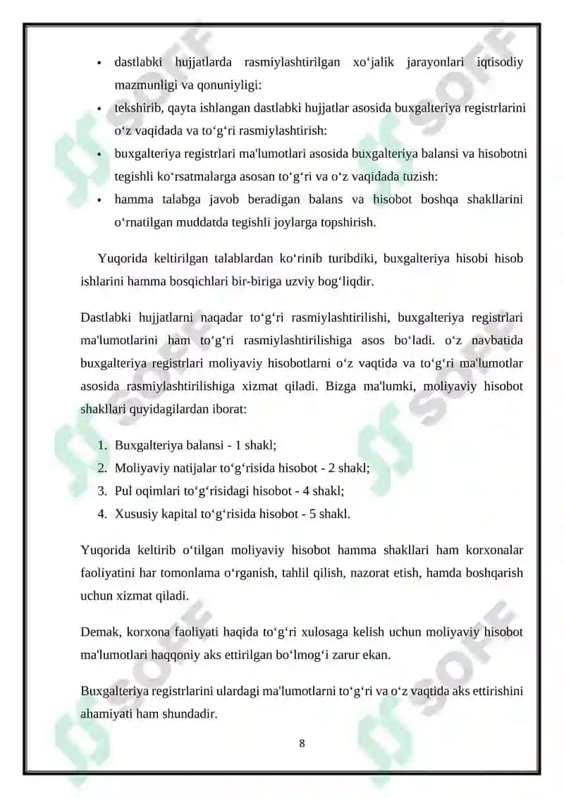 Hisob registrlari va shakllari haqida tushuncha va ularning Buxgalteriya hisobidagi roli va ahamiyati 8