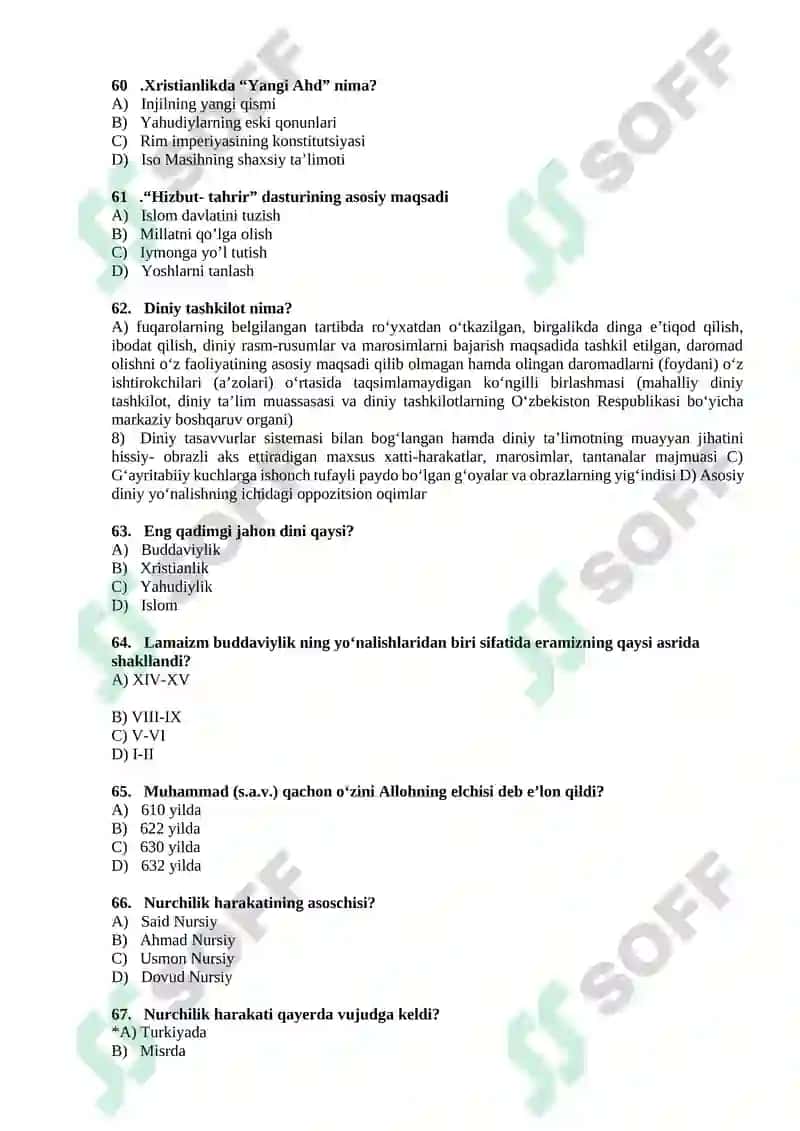 Dinshunoslik fanidan 400 ta test 8