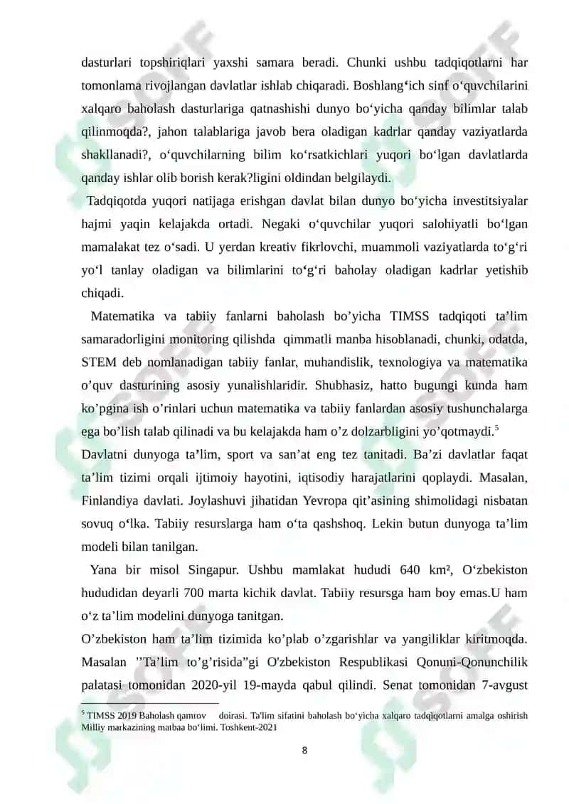 Boshlang’ich sinf matematika darslarida TIMSS xalqaro baholash dasturiga doir topshiriqlarni tadbiq etish texnologiyasi 8